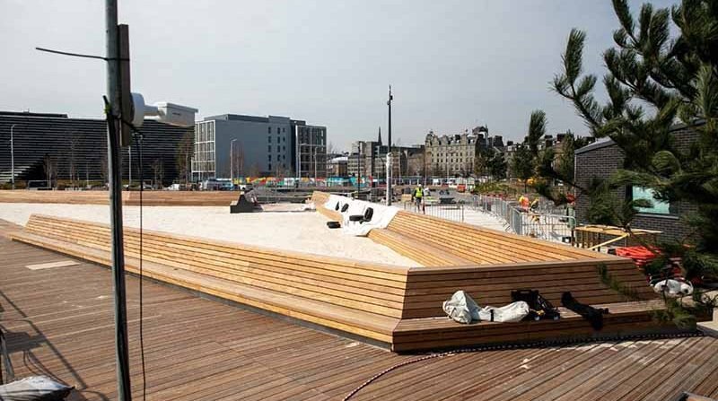 Courier News - Dundee - Gemma Bibby story - CR0027695 - the urban beach at Dundee waterfront is really taking shape now, doesn't look far off being finished. You can see right into it from the roadside. Picture shows; general view (GV) of the ongoing work to complete the Urban Beach area on the Waterfront, Dundee, 19th April 2021, Kim Cessford / DCT Media.